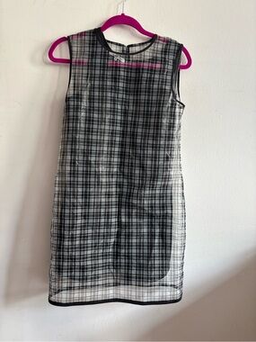 Helmut Lang black sleevless leather mini dress under sheer plaid mini dress